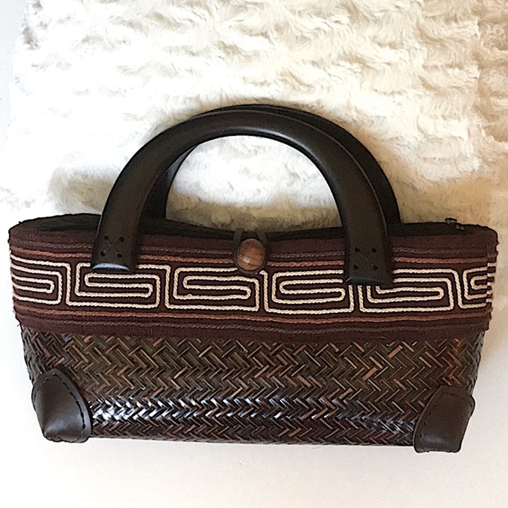 HANDMADE Bag Clutch Satchel Woven Embroidery Quilted Wooden Handles Brown